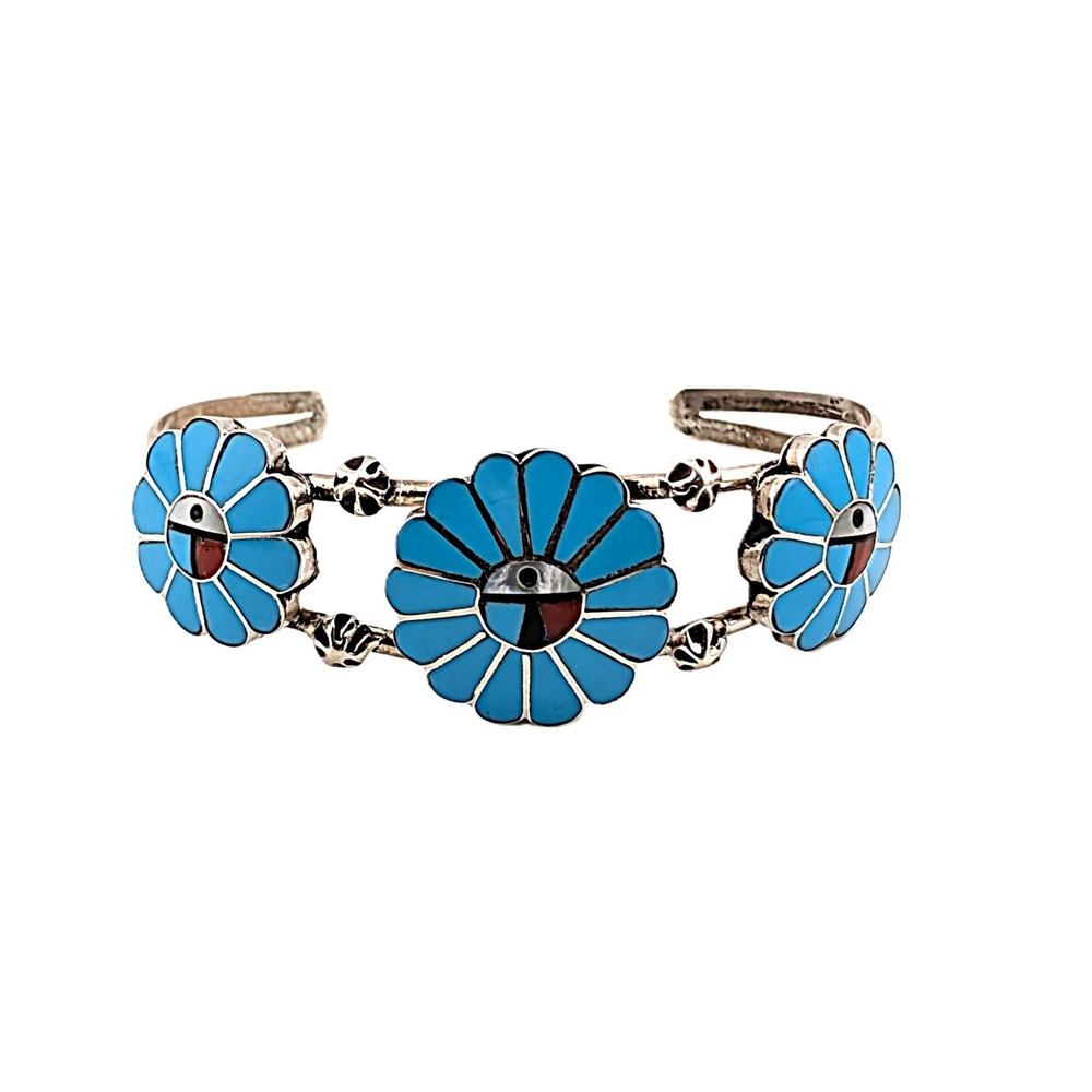 Zuni Sun Face Turquoise Inlay Floral Cuff Sterling Silver Bracelet Sz 6.5 in.**
